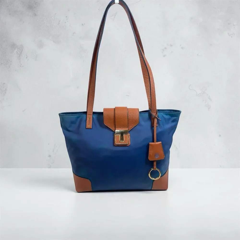 Tory Burch Blue Nylon Tote Tan Leather Trim Gold Hardware Shoulder Bag